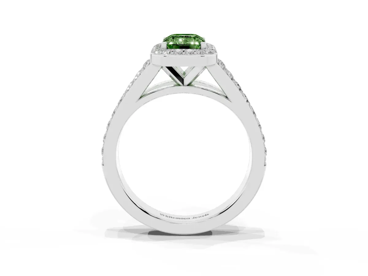 Fancy Green Emerald Cut Diamond Split Shank Halo Ring with Four-Prong Setting Platinum