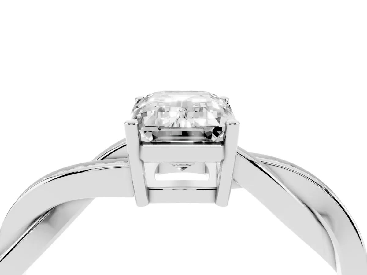 Emerald Cut Solitaire Twisted Pave Diamond Ring with Four-Prong Setting Silver