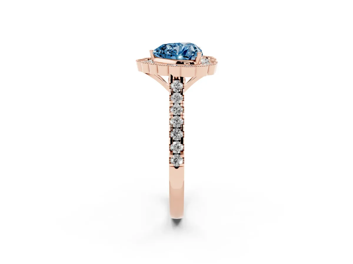 Fancy Blue Heart Cut Cut Diamond Milgrain Floral Halo Engagement Ring with Pavé Band Rose gold
