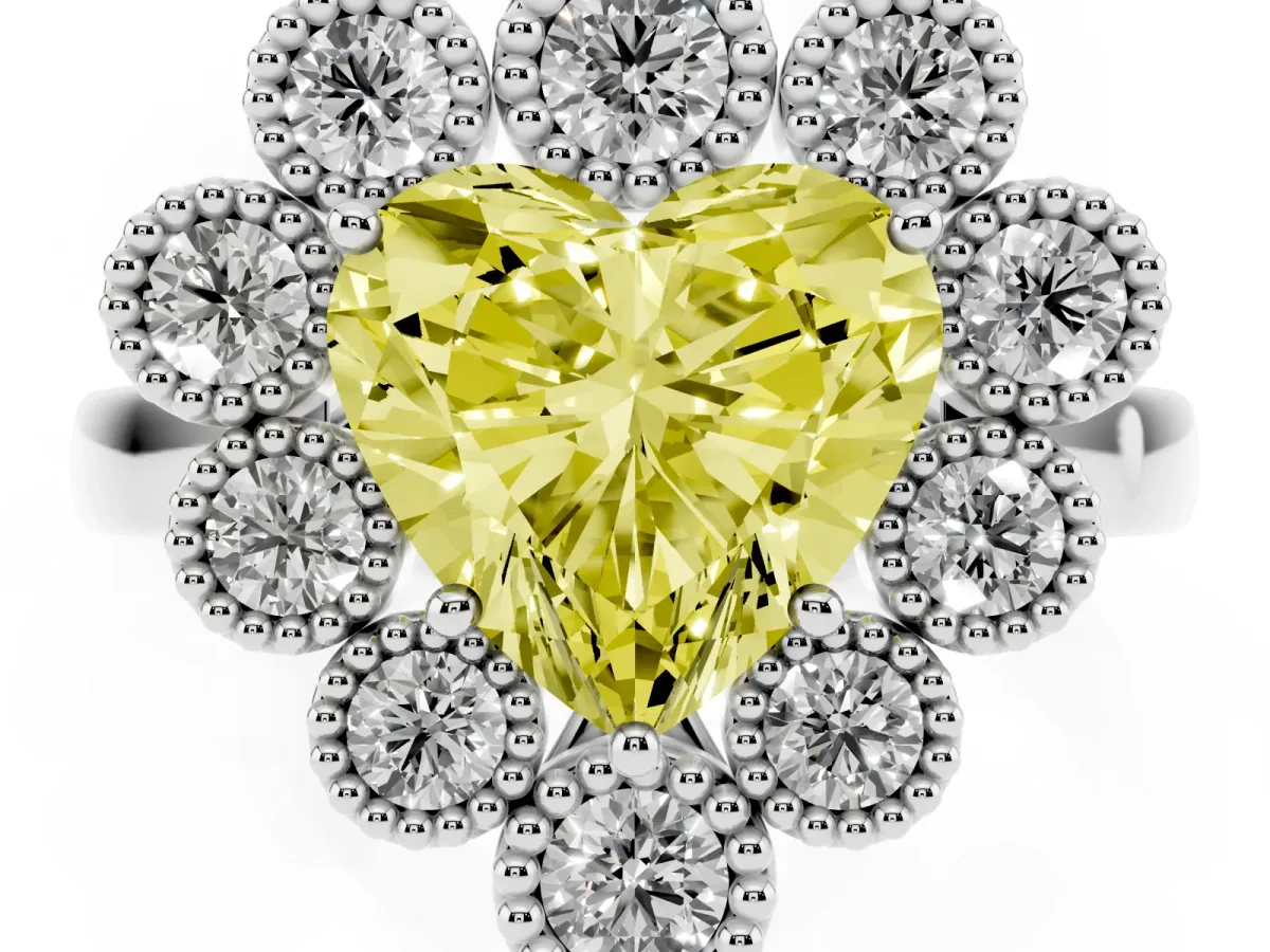 Fancy Yellow Heart Cut Halo Diamond Cluster Engagement Ring with Milgrain Bezel Setting and Solitaire Band Silver