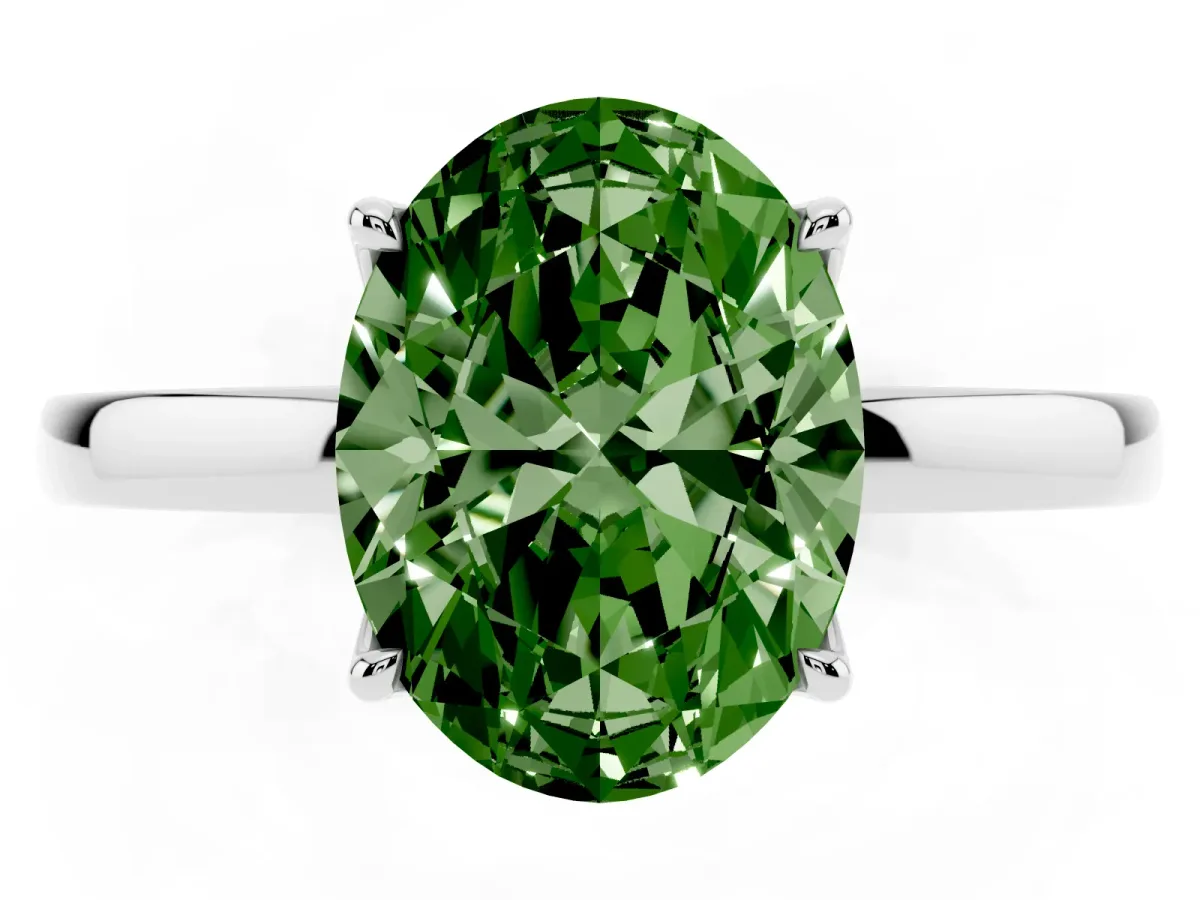 Fancy Green Oval Cut Diamond Solitaire Ring with Thin Band and Prong Setting White gold