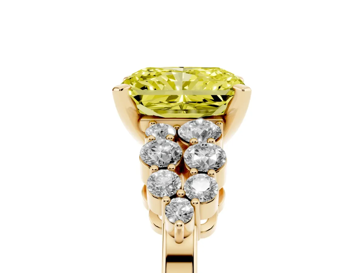 Fancy Yellow Radiant Cut Cluster Diamond Engagement Ring with Pavé Band and Four-Prong Setting Yellow gold