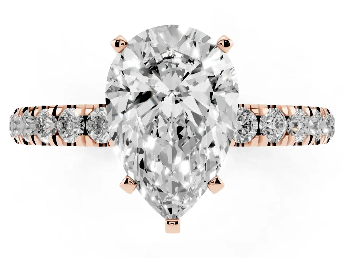 Pear Cut Diamond Solitaire Ring with Pavé Accents and Four-Prong Setting Rose gold