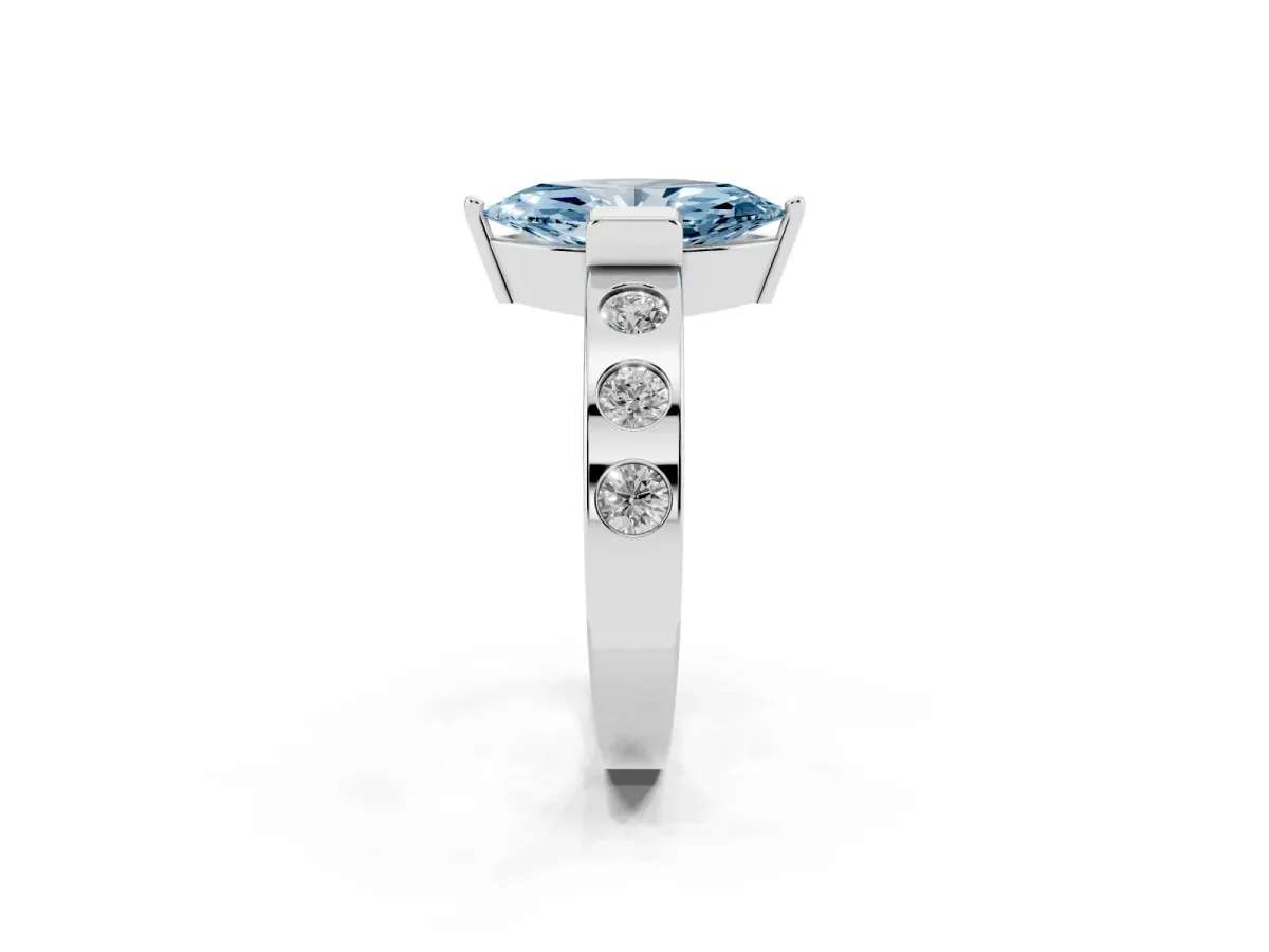 Fancy Blue Marquise Cut Brilliant Channel-Set Diamond Ring with Bezel Prong Setting Silver