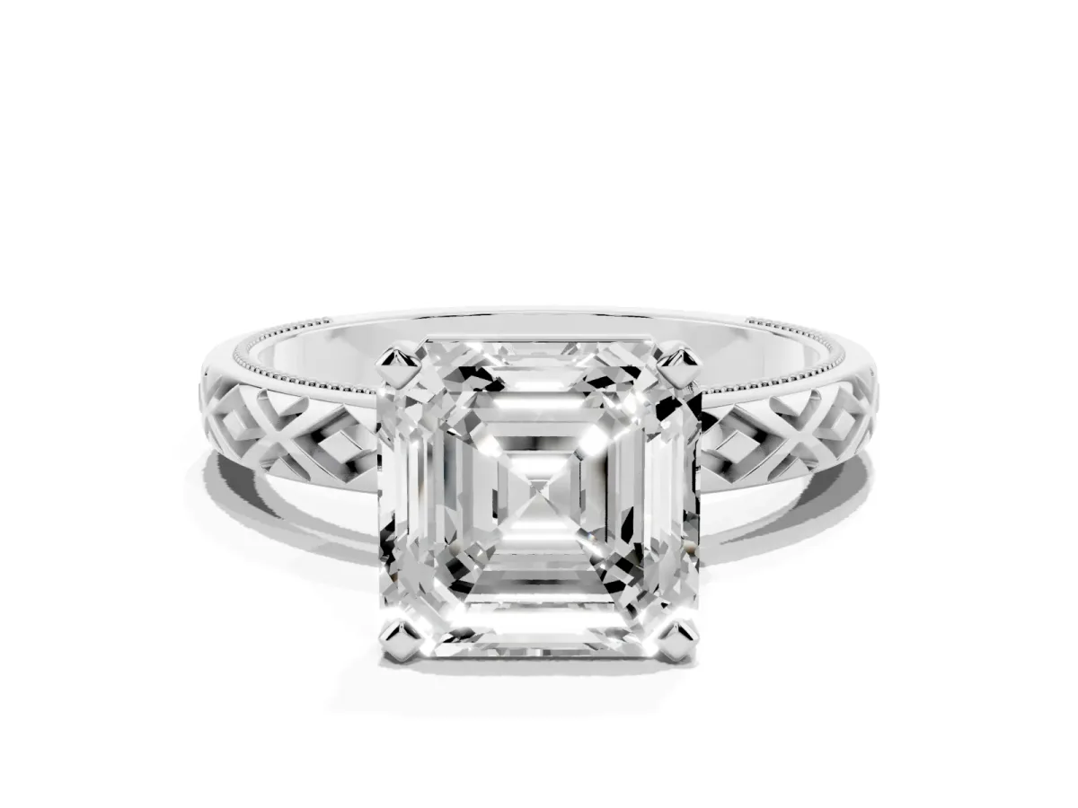 Asscher Cut Solitaire Diamond Ring with Milgrain and Black Enamel X Pattern Band Silver