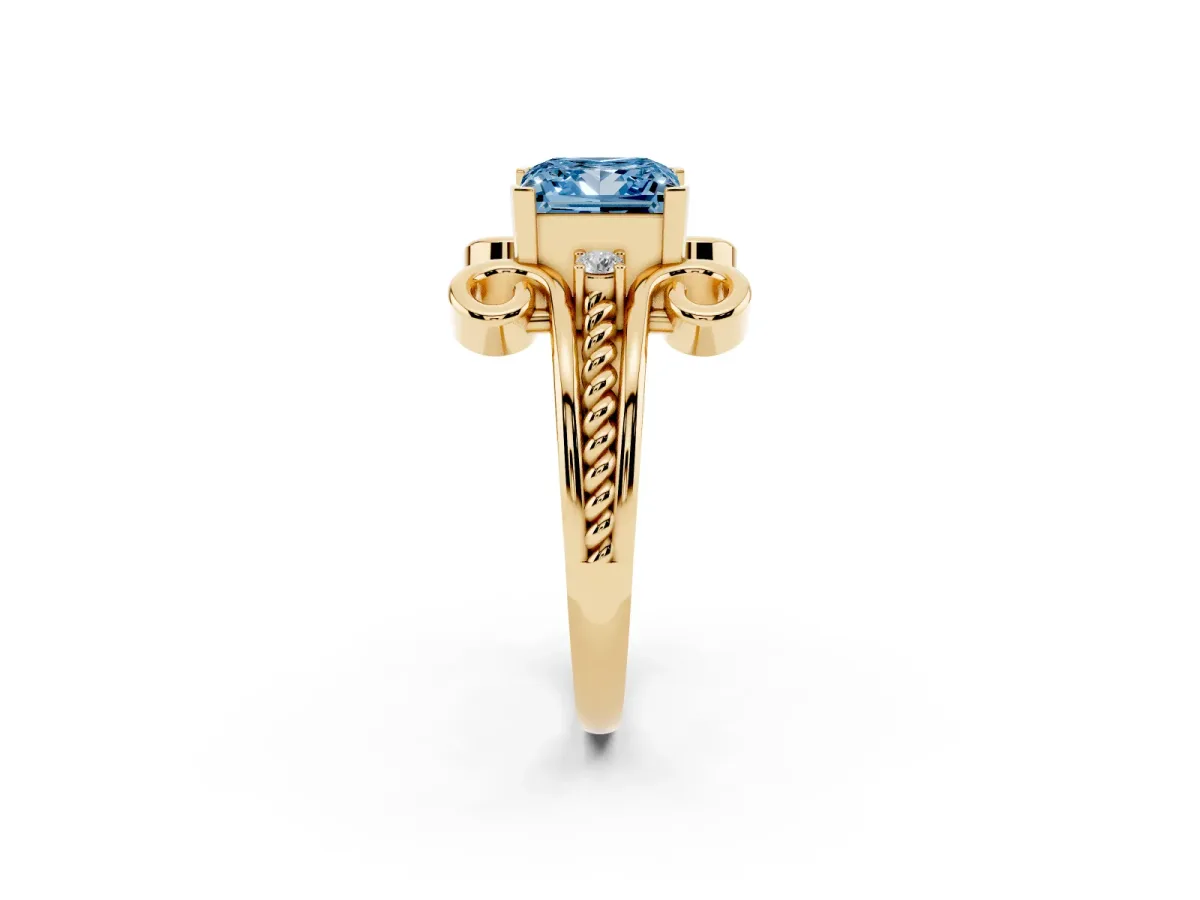 Fancy Blue Princess Cut Solitaire Twisted Band Scroll Prong Ring Yellow gold