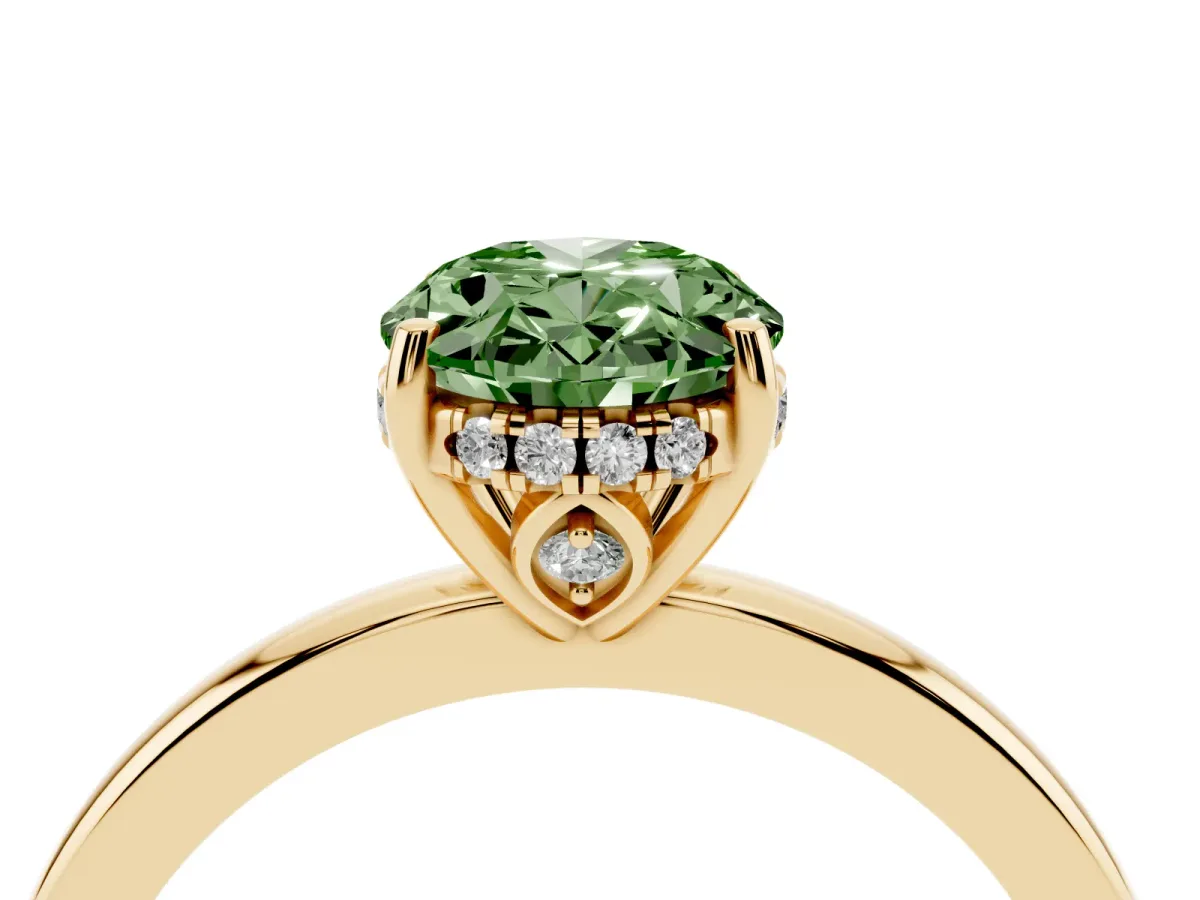 Fancy Green Oval Cut Solitaire Diamond Ring with Prong Setting and Plain Band Yellow gold