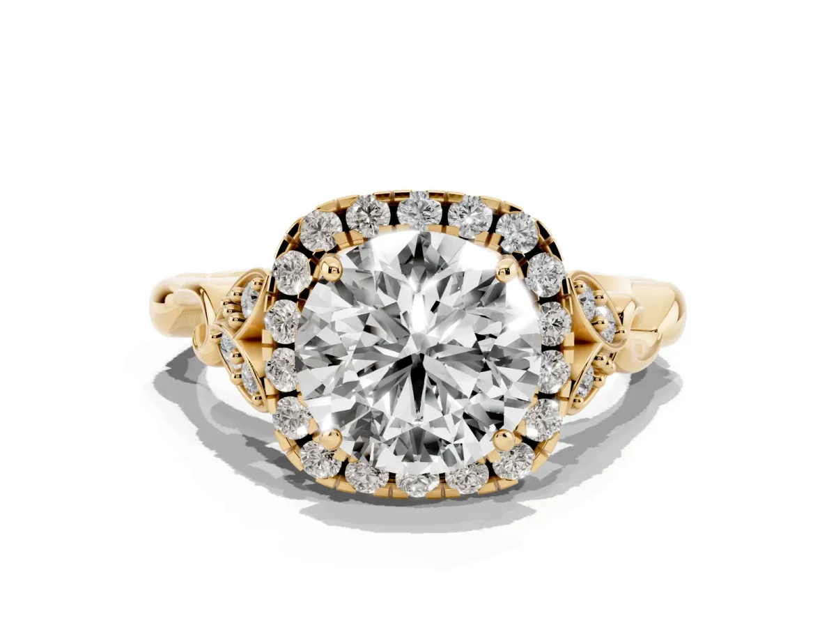 Round Cut Halo Diamond Engagement Ring with Vintage-Inspired Band and Four-Prong Setting Yellow gold