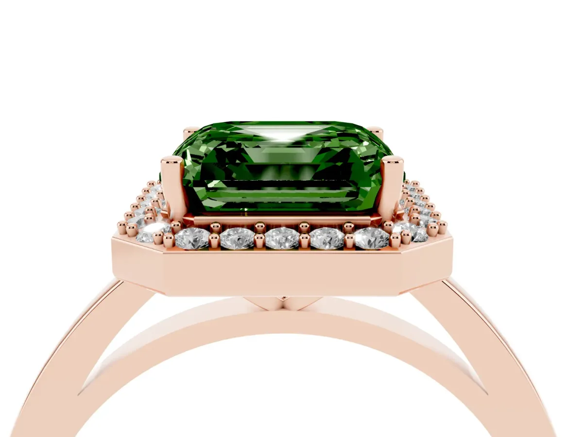 Fancy Green Asscher Cut Halo Diamond Ring with Solitaire Band and Prong Setting Rose gold