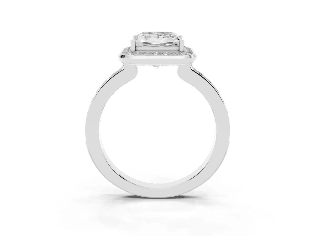 Princess Cut Diamond Halo Ring with Bezel Frame and Pavé Band Silver