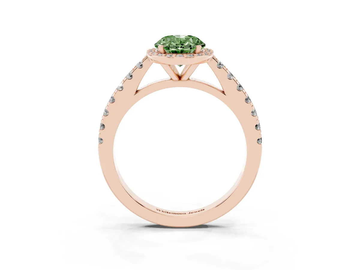 Fancy Green Oval Cut Cut Halo Diamond Engagement Ring with Pave Band and Four-Prong Setting Rose gold