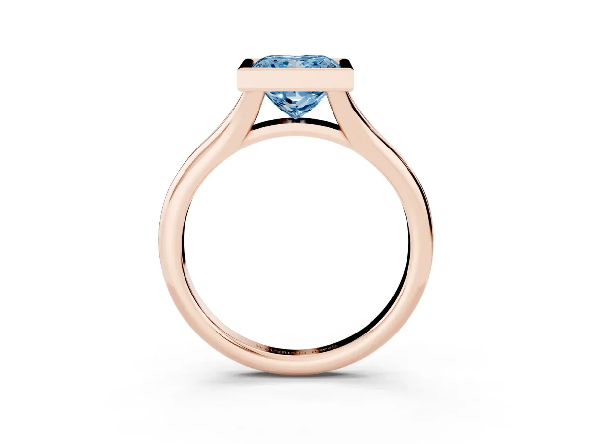 Fancy Blue Bezel Set Princess Cut Solitaire Diamond Ring with Smooth Band Rose gold
