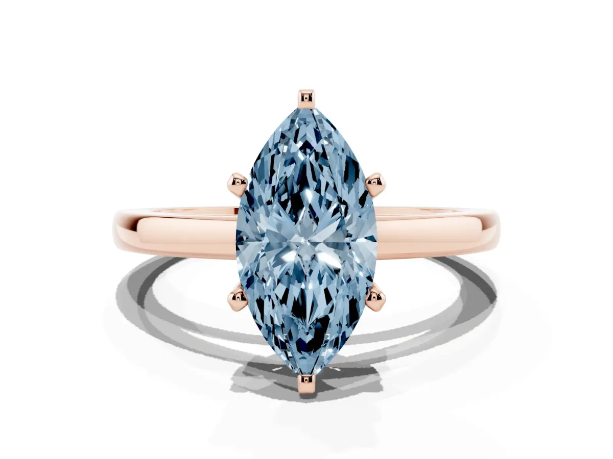 Fancy Blue Marquise Cut Solitaire Diamond Engagement Ring with Four-Prong Setting on a Classic Band Rose gold