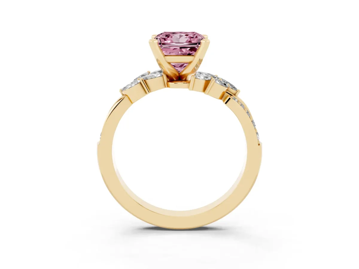 Fancy Pink Princess Cut Solitaire Marquise Twist Band with Six-Prong Setting Yellow gold