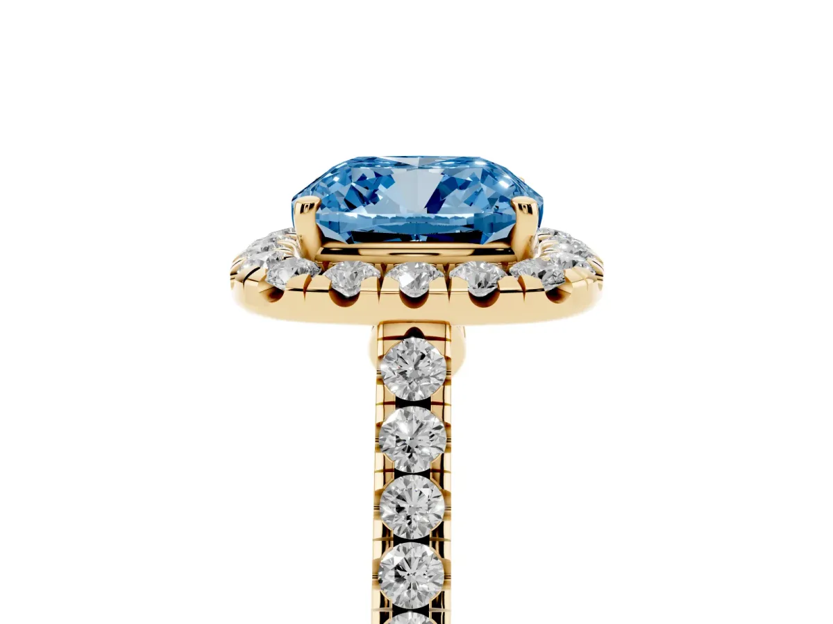 Fancy Blue Cushion Cut Halo Pave Diamond Engagement Ring with Four-Prong Setting Yellow gold