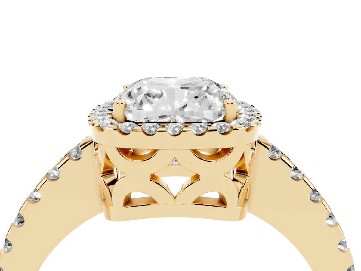 Cushion Cut Diamond Halo Engagement Ring with Pavé Band and Prong Setting Yellow gold
