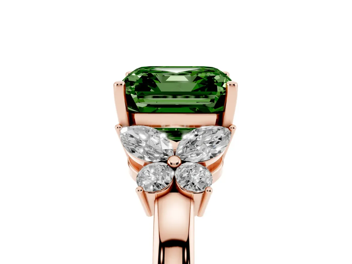 Fancy Green Asscher Cut Cut Solitaire Floral Diamond Ring with Four-Prong Setting Rose gold