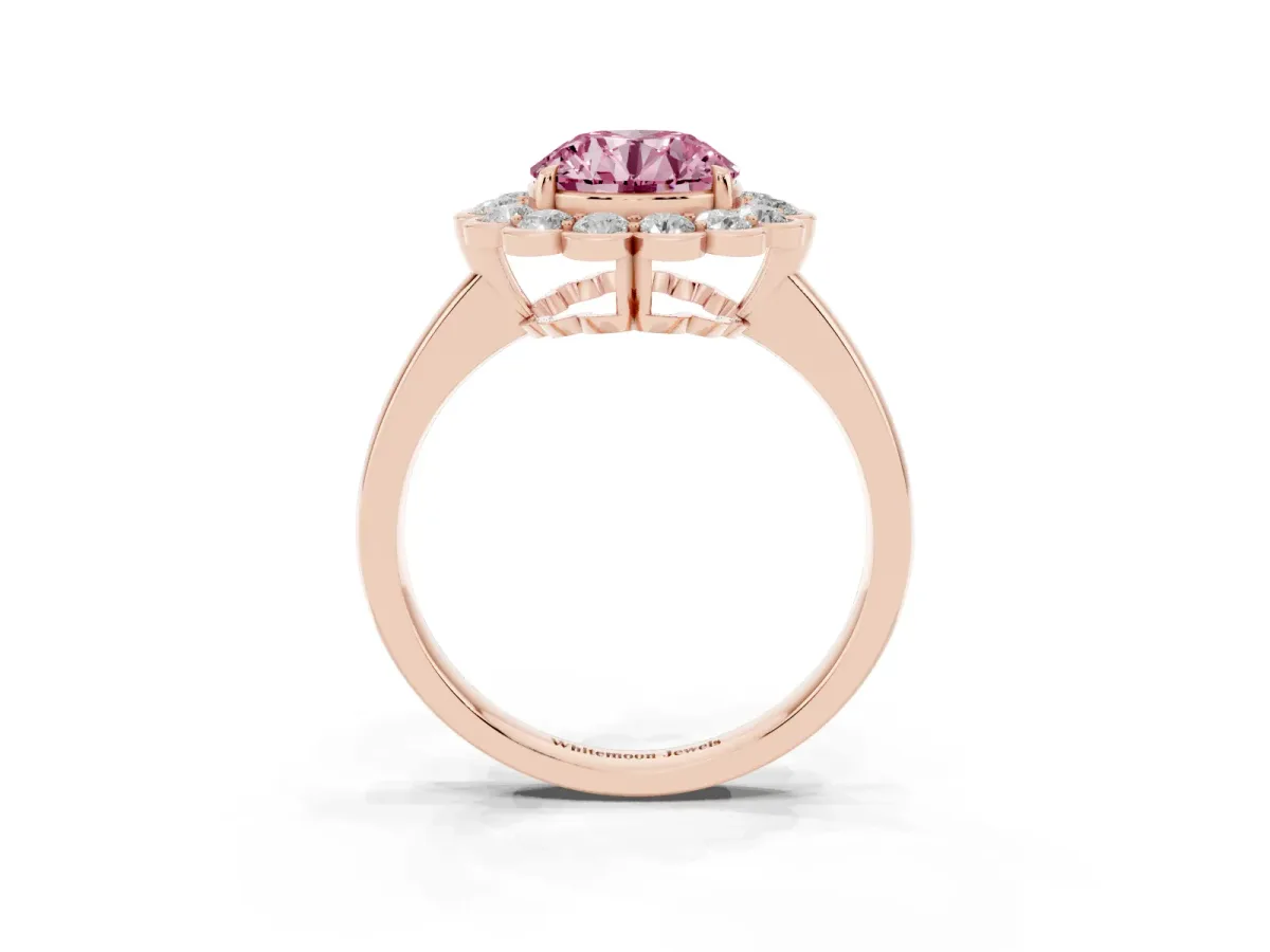 Fancy Pink Round Cut Halo Cluster Diamond Engagement Ring with Solitaire Band and Prong Setting Rose gold