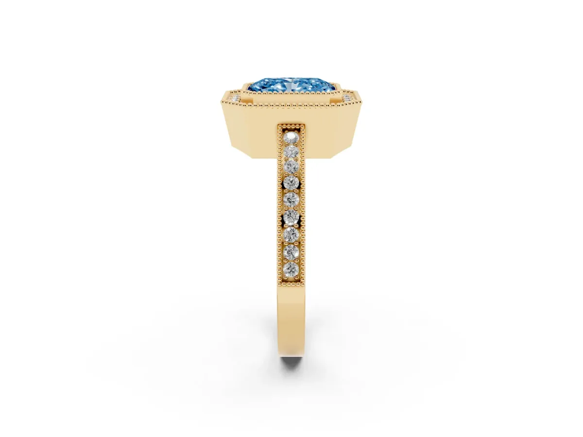 Fancy Blue Radiant Cut Cut Halo Diamond Ring with Pavé Band and Milgrain Prong Setting Yellow gold