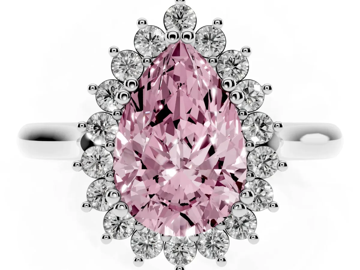 Fancy Pink Pear Cut Cut Diamond Halo Ring with Solitaire Band and Prong Setting Silver