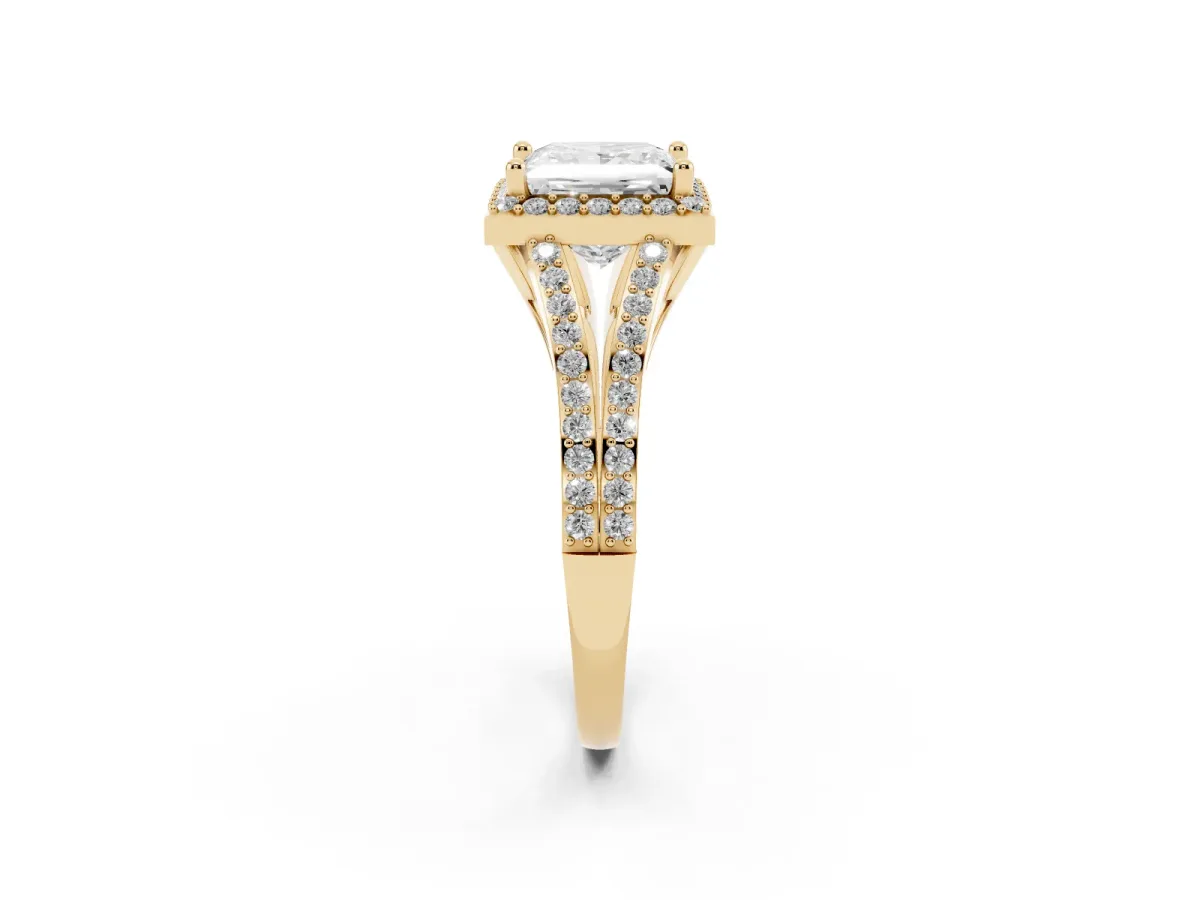 Princess Cut Halo Split Shank Diamond Ring with Prong Setting Yellow gold