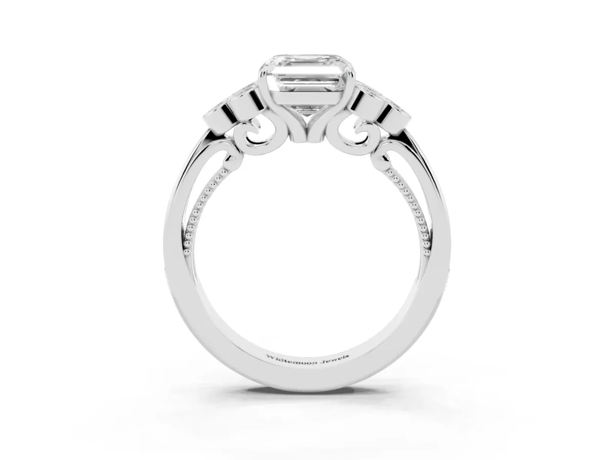 Asscher Cut Cut Diamond Engagement Ring with Bezel Set Round Side Stones and Prong Setting Silver