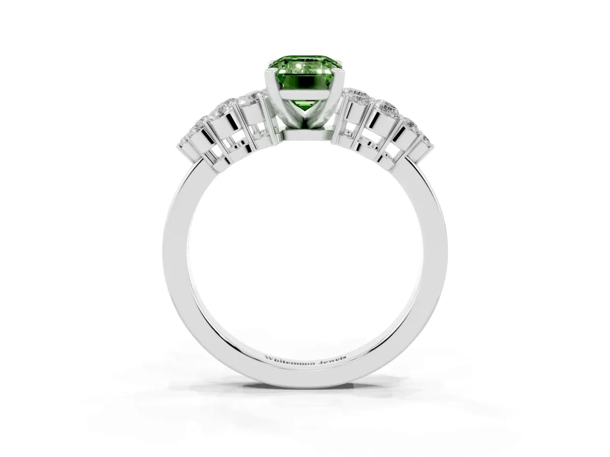 Fancy Green Emerald Cut Cluster Diamond Engagement Ring with Pavé Band and Four-Prong Setting Silver
