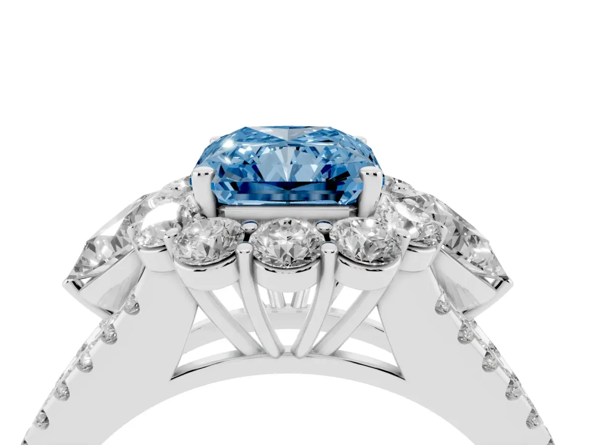 Fancy Blue Radiant Cut Halo Split Shank Diamond Engagement Ring with Prong Setting Silver