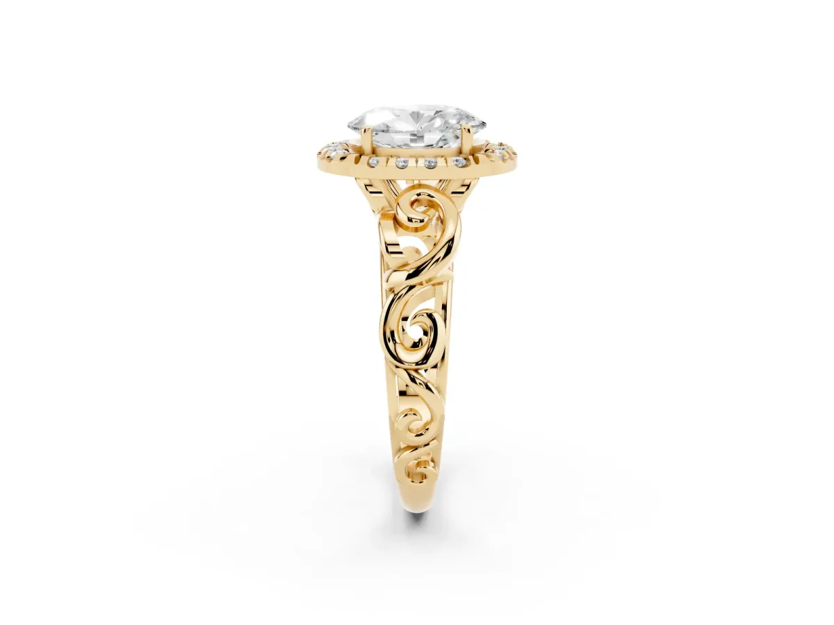 Oval Cut Cut Halo Diamond Ring with Scrollwork Band and Four-Prong Setting Yellow gold