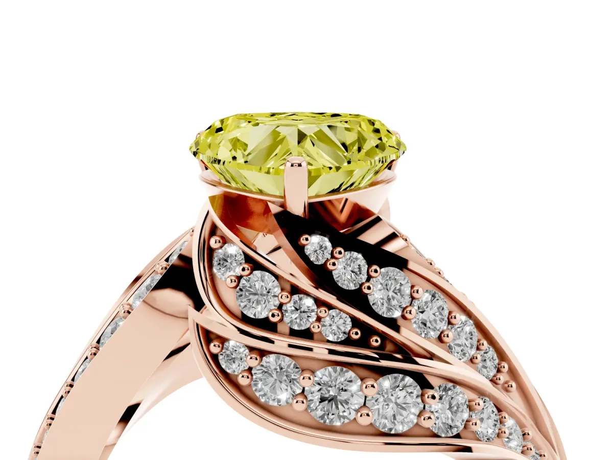 Fancy Yellow Heart Cut Diamond Solitaire Ring with Prong Setting and Twisted Pavé Band Rose gold
