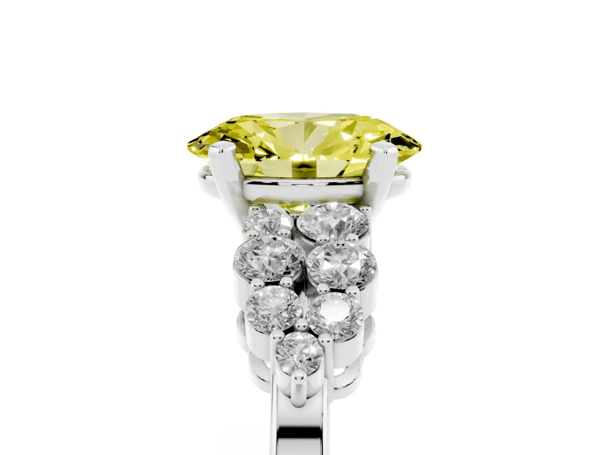 Fancy Yellow Oval Cut Cluster Diamond Engagement Ring with Pavé Band and Four-Prong Setting Platinum