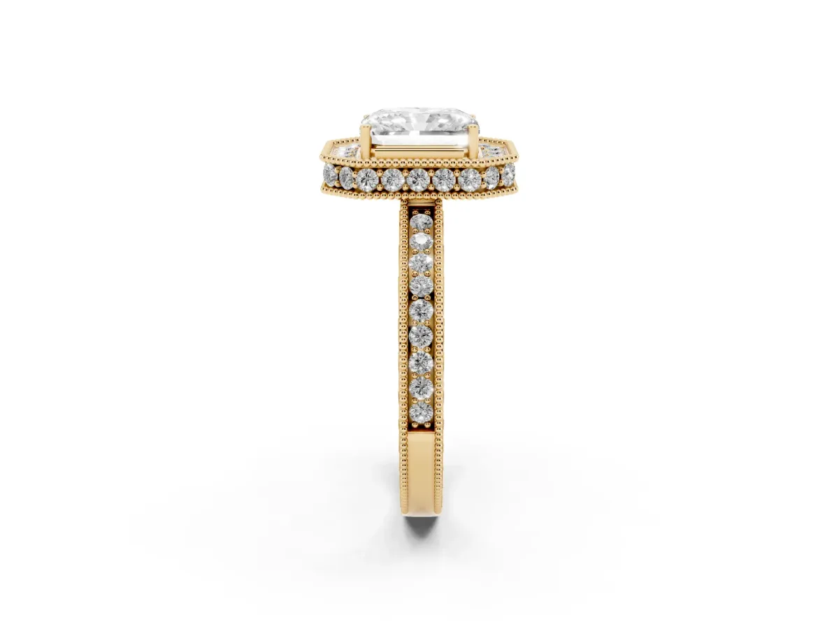 Radiant Cut Diamond Milgrain Halo Engagement Ring with Round Pavé Band and Prong Setting Yellow gold