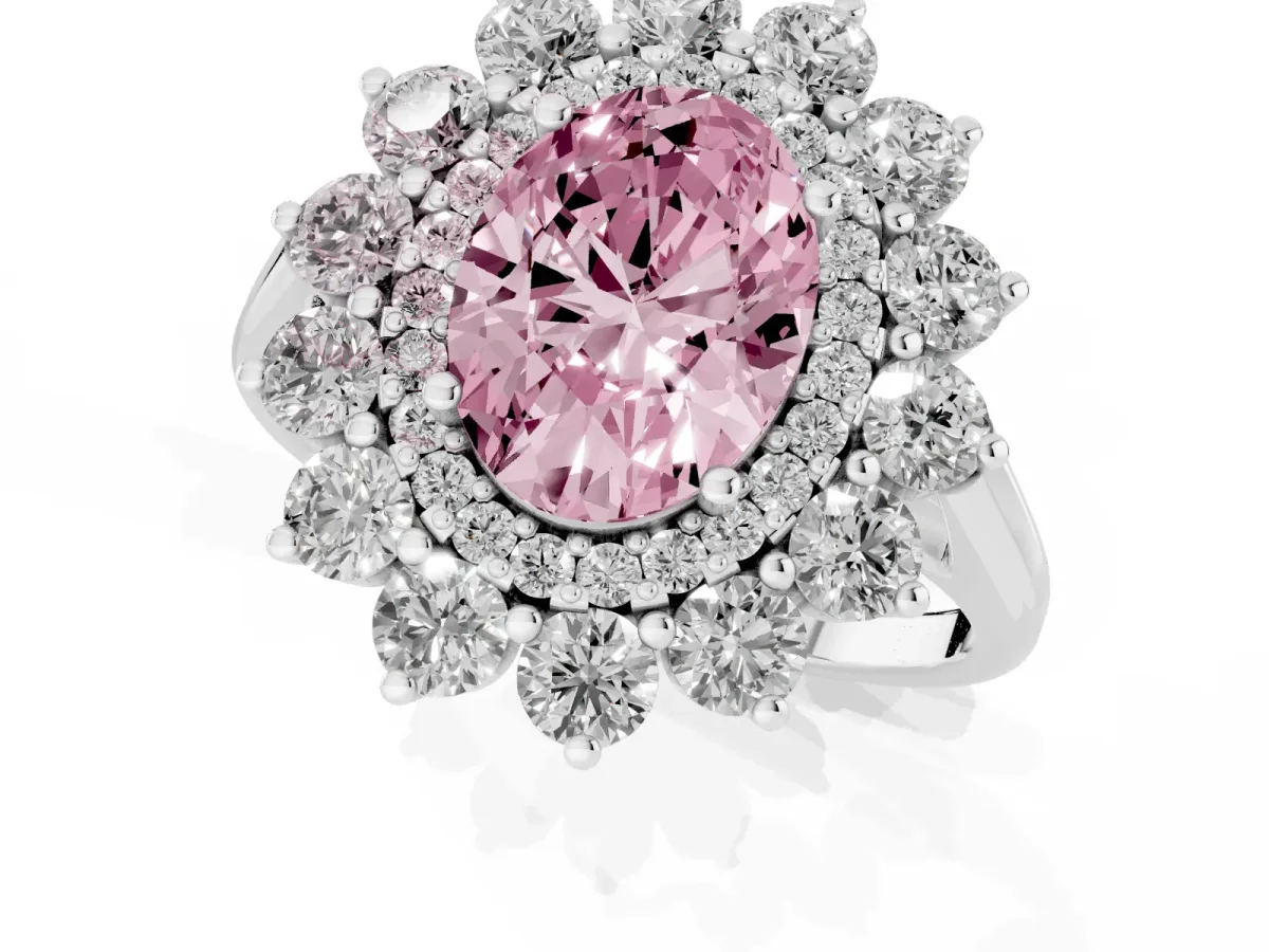 Fancy Pink Oval Cut Diamond Floral Double Halo Engagement Ring with Prong Setting Platinum