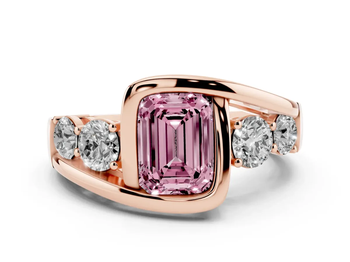 Fancy Pink Bezel Set Emerald Cut Diamond Bypass Ring with Round Accents Rose gold