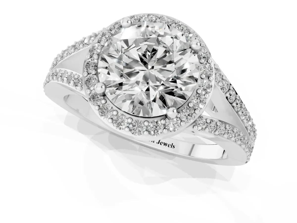 Round Cut Halo Split Shank Diamond Ring with Prong Setting Platinum