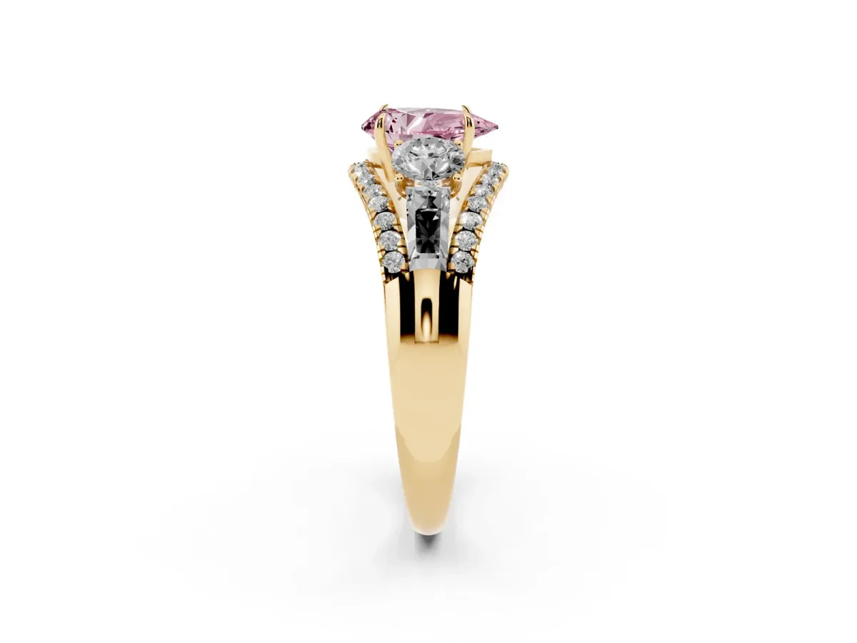 Fancy Pink Three-Stone Pear Cut Diamond Engagement Ring with Pave Band and Prong Setting Yellow gold