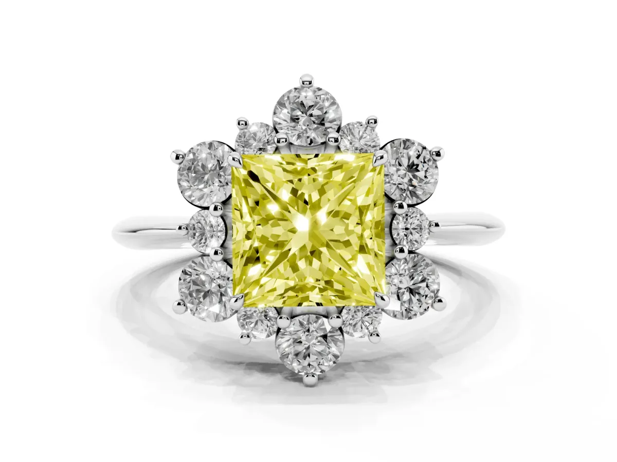 Fancy Yellow Princess Cut Diamond Cluster Halo Ring with Solitaire Band and Four-Prong Setting White gold