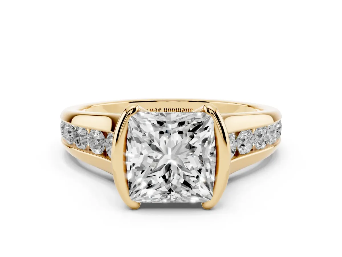 Princess Cut Solitaire Bezel-Set Diamond Ring with Channel-Set Band Yellow gold