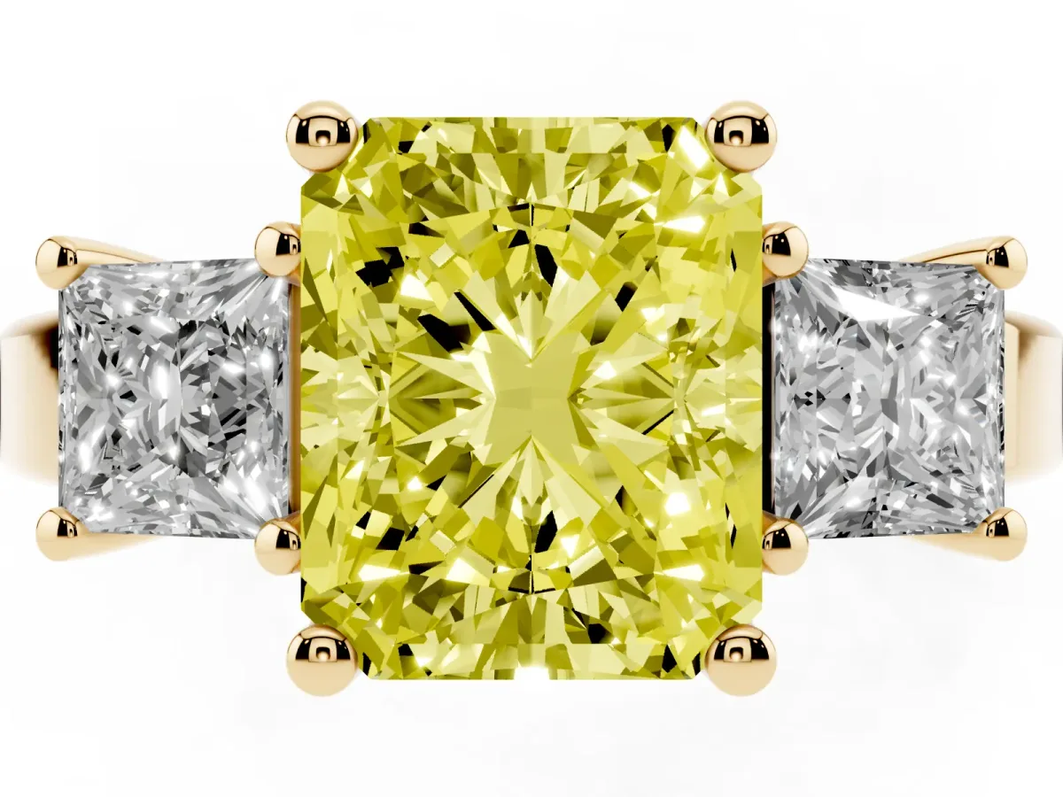 Fancy Yellow Three-Stone Radiant Cut Cut Solitaire Ring with Prong Setting Yellow gold