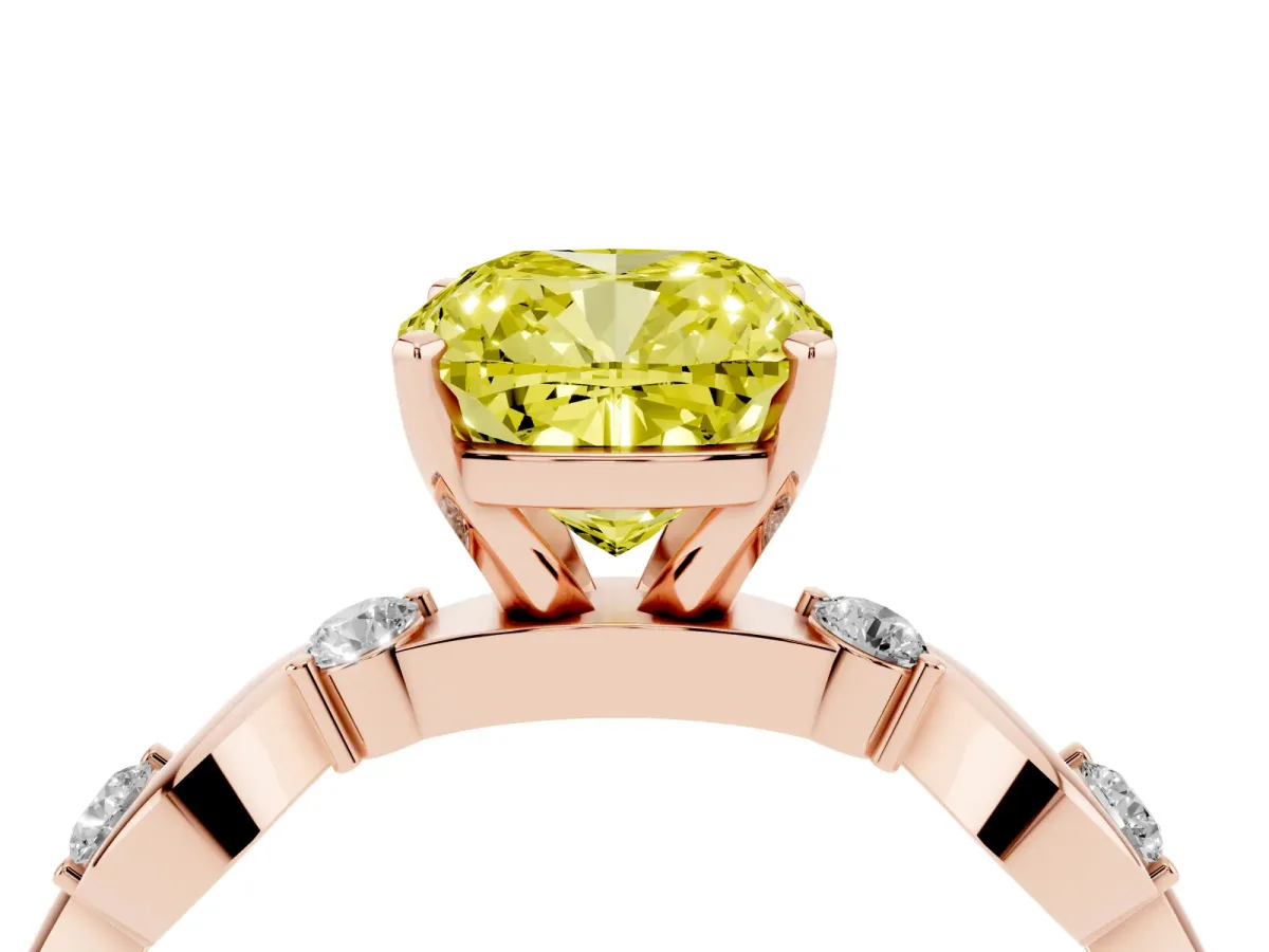 Fancy Yellow Cushion Cut Diamond Solitaire Twisted Band with Round Accents and Prong Setting Rose gold