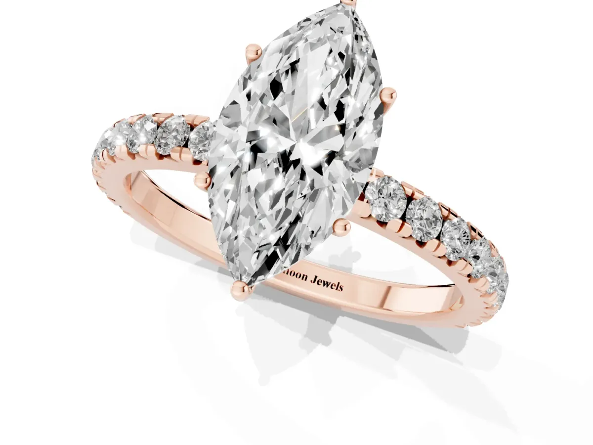 Marquise Cut Diamond Pavé Solitaire Engagement Ring with Four-Prong Setting Rose gold