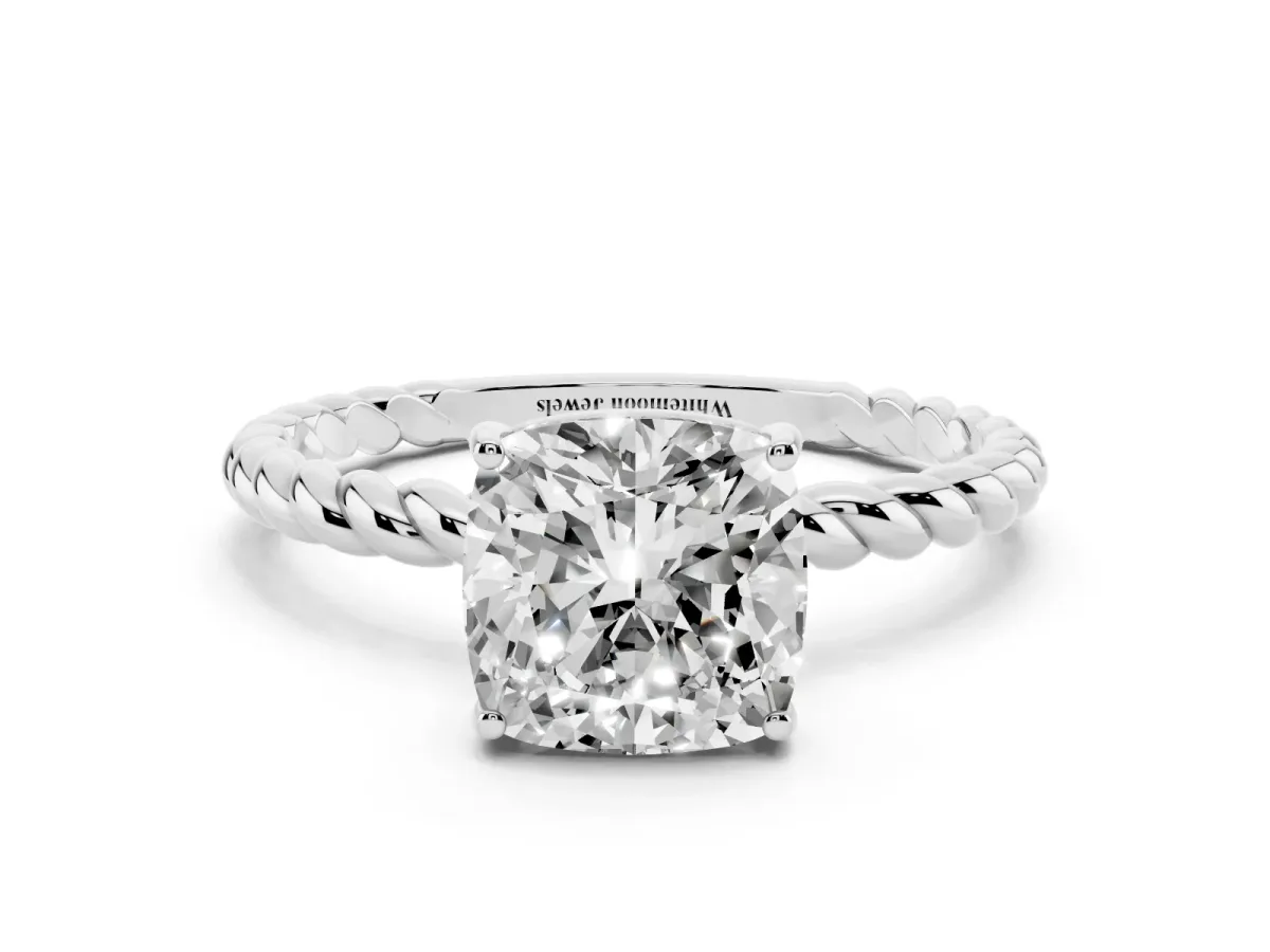 Cushion Cut Solitaire Twist Band Ring with Four-Prong Setting White gold