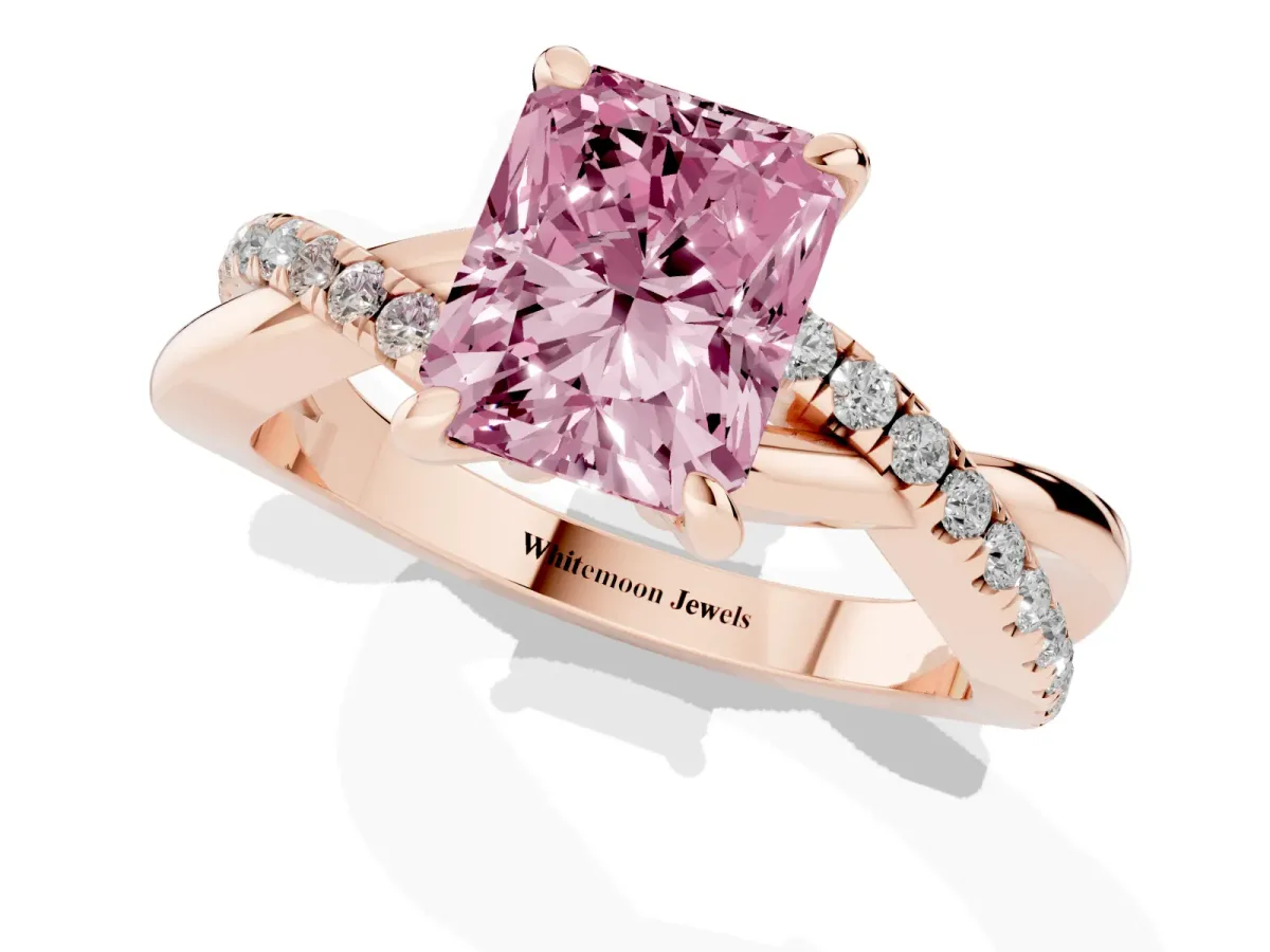 Fancy Pink Radiant Cut Cut Diamond Twist Band Solitaire with Prong Setting Rose gold