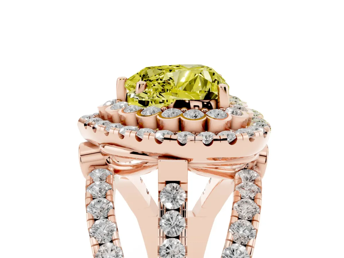 Fancy Yellow Heart Cut Diamond Double Halo Ring with Round Pavé Split Shank and Prong Setting Rose gold