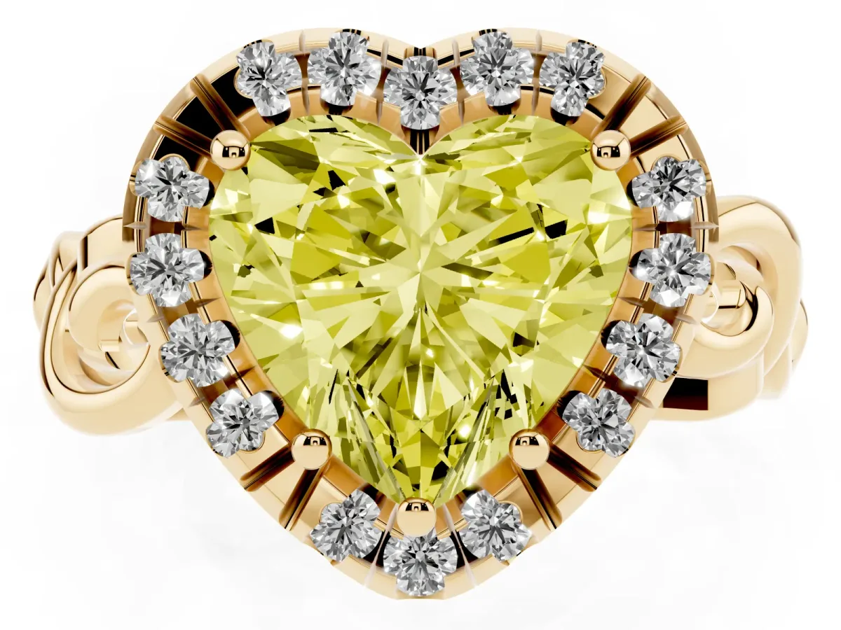 Fancy Yellow Heart Cut Cut Halo Diamond Ring with Scrollwork Band and Four-Prong Setting Yellow gold
