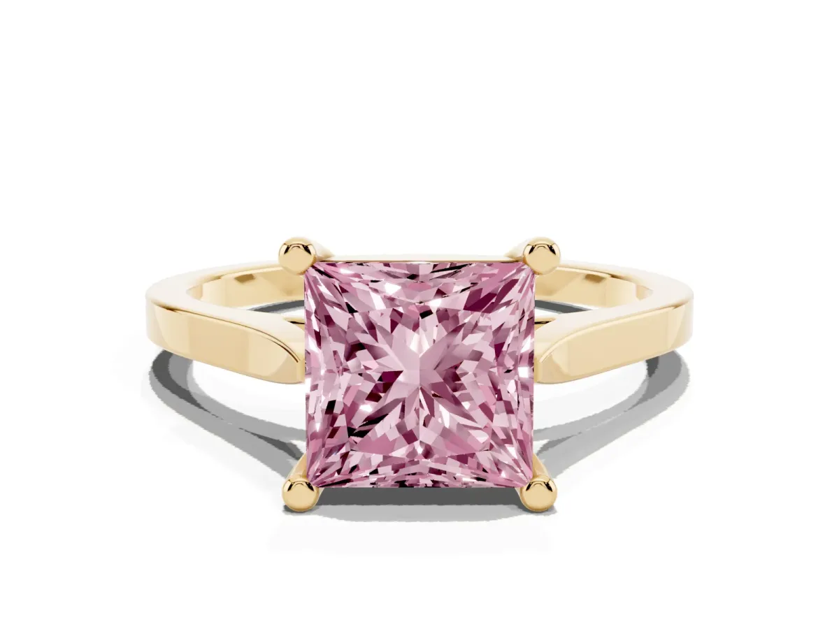 Fancy Pink Princess Cut Solitaire Diamond Ring with Four-Prong Setting and Tapered Band Yellow gold