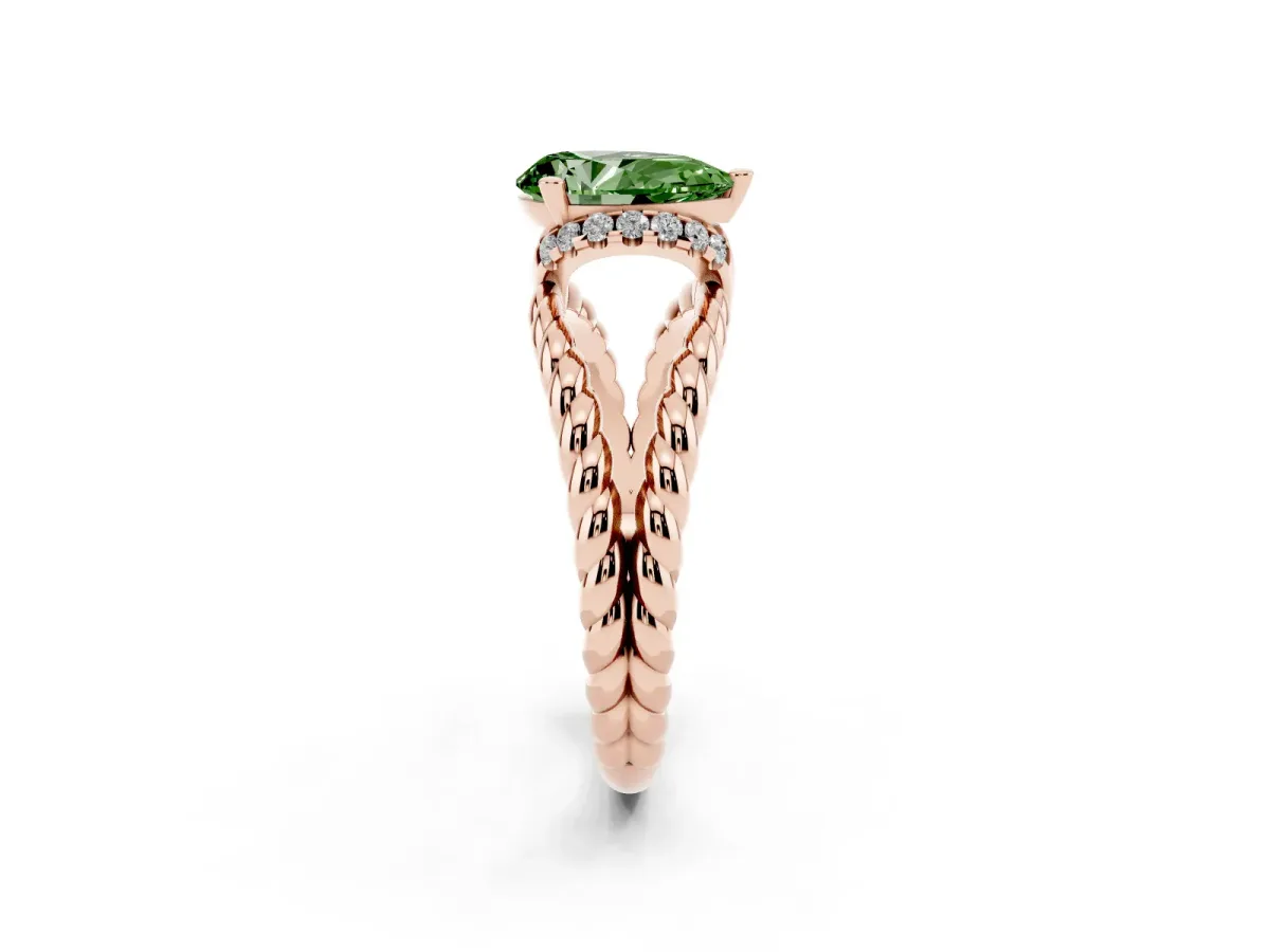 Fancy Green Pear Cut Halo Twisted Band Four-Prong Ring Rose gold