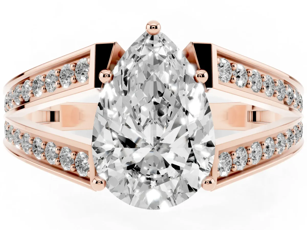 Pear Cut Diamond Split Shank Ring with Pavé Band and Four-Prong Setting Rose gold