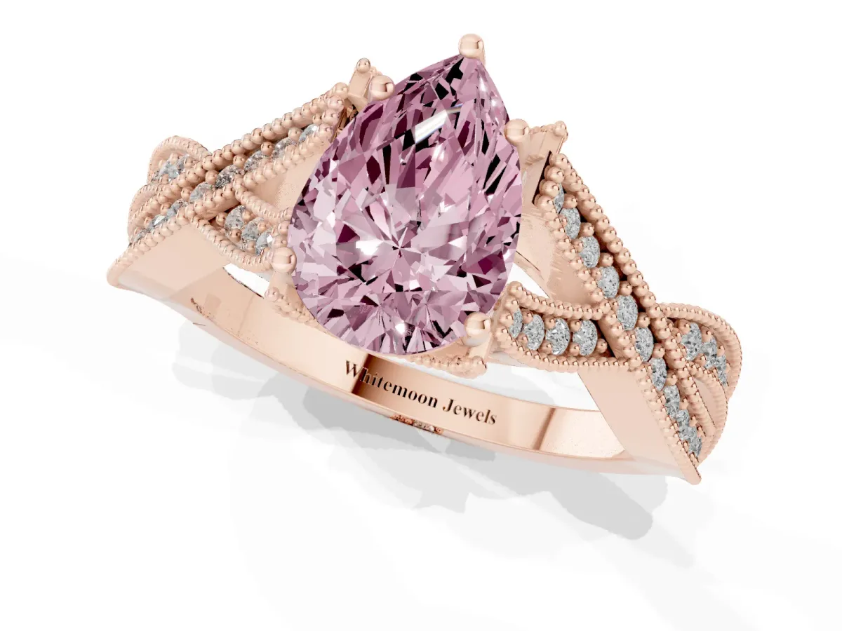 Fancy Pink Pear Cut Cut Diamond Twisted Band with Milgrain Pave Setting and Four-Prong Setting Rose gold