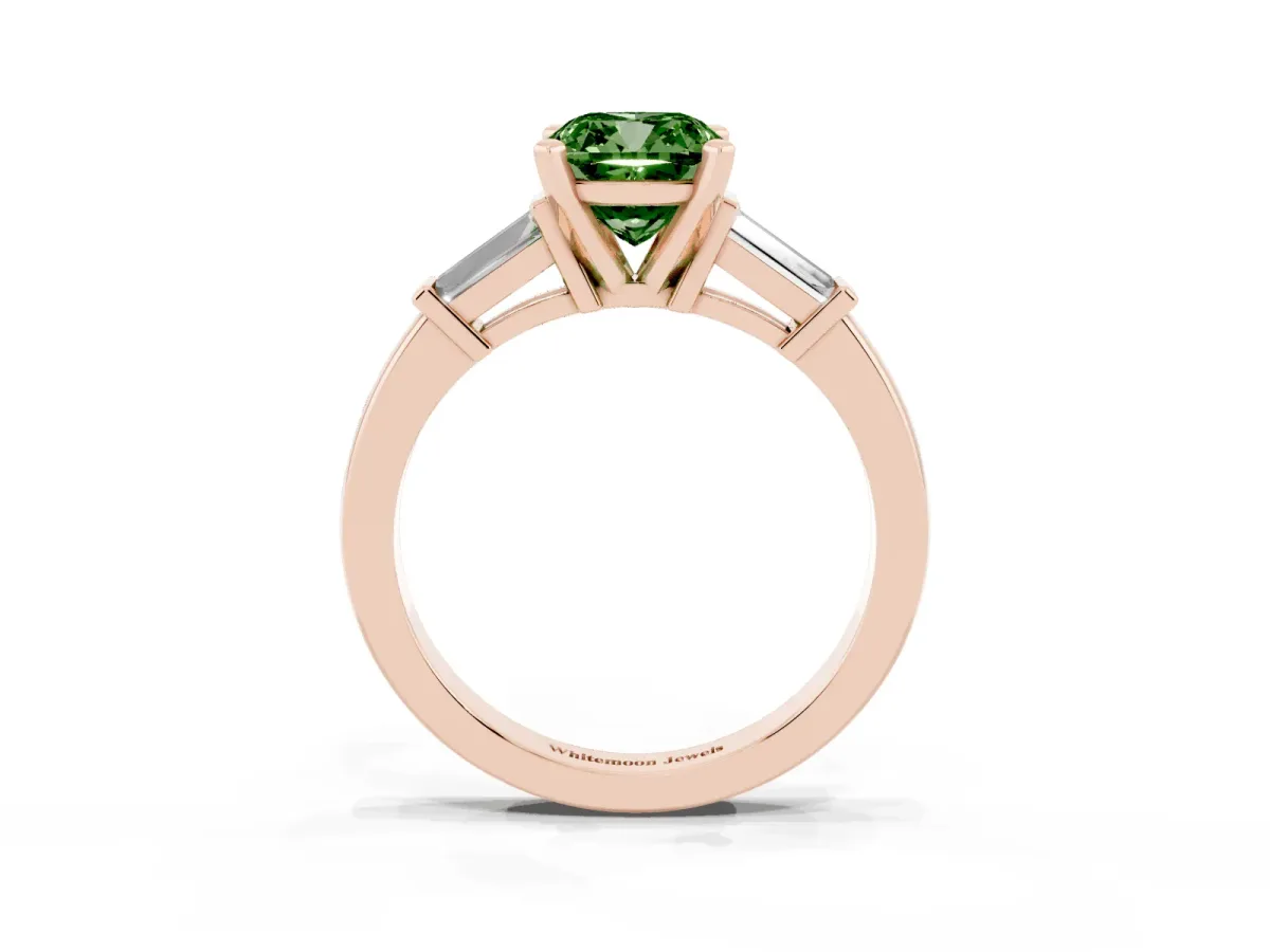 Fancy Green Cushion Cut Cut Diamond Solitaire Ring with Tapered Baguette Accents and Four-Prong Setting Rose gold